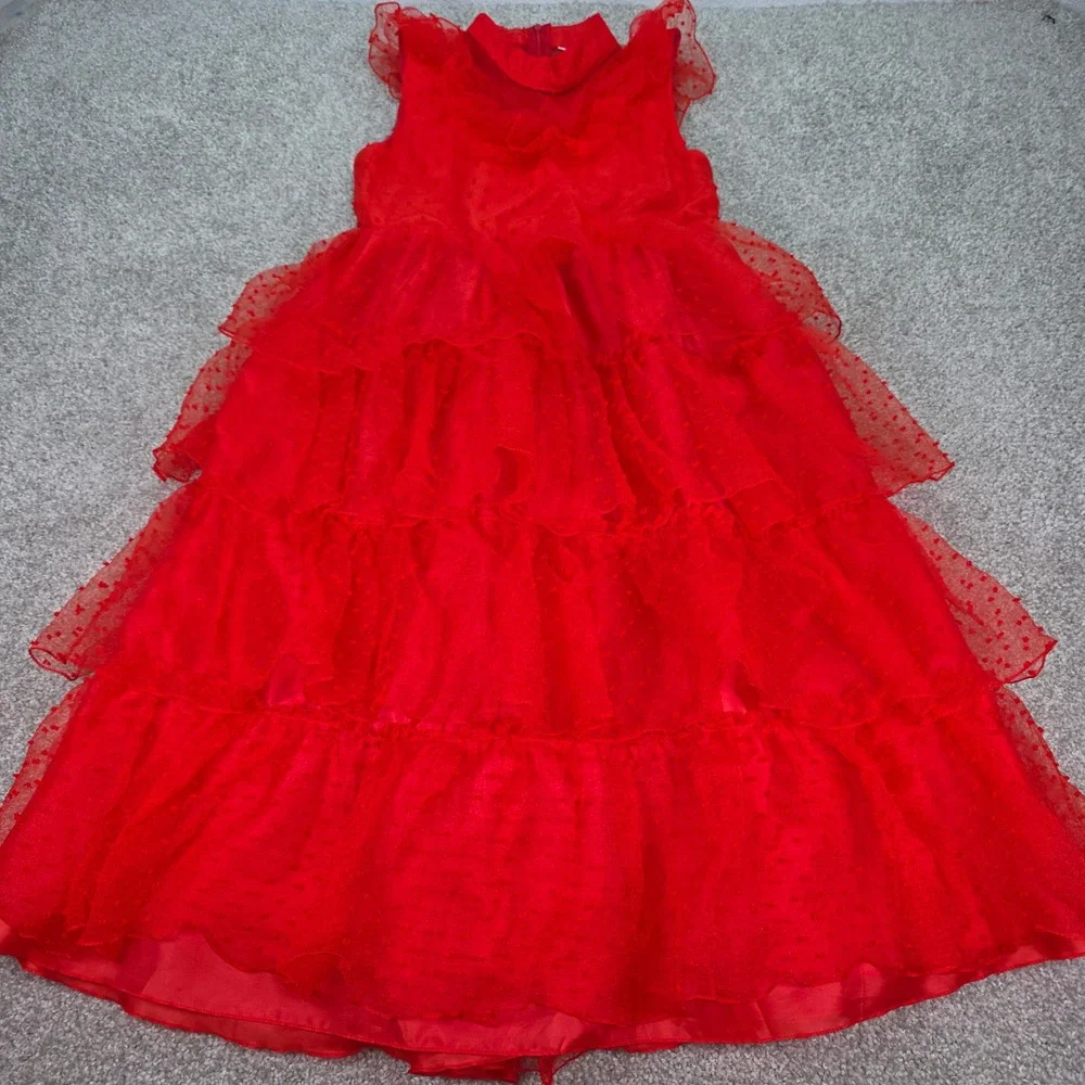 Girls Red Swiss Dot Tiered Ruffle Gown Flutter Maxi Dress Size 160 Halloween